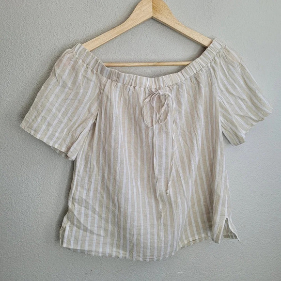 Vince Camuto Womens Linen Blend Blouse Top XXS Multi Striped Off-the-Shoulder - Picture 2 of 8
